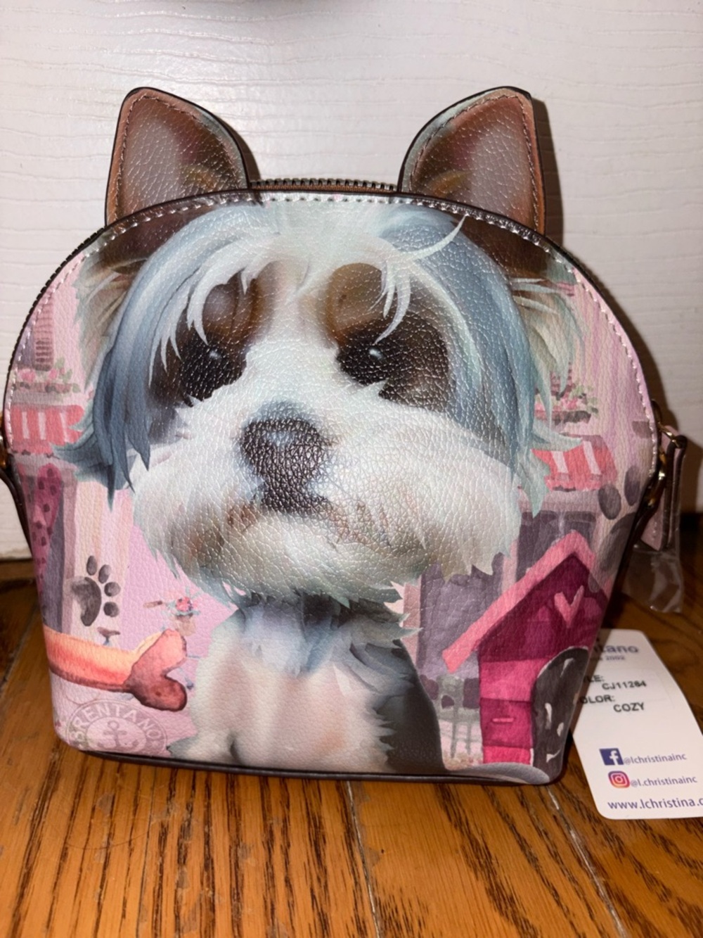 NWT Brentano Cozy Puppy Print Crossbody Bag Pink Vegan Leather Dog Lover Gift